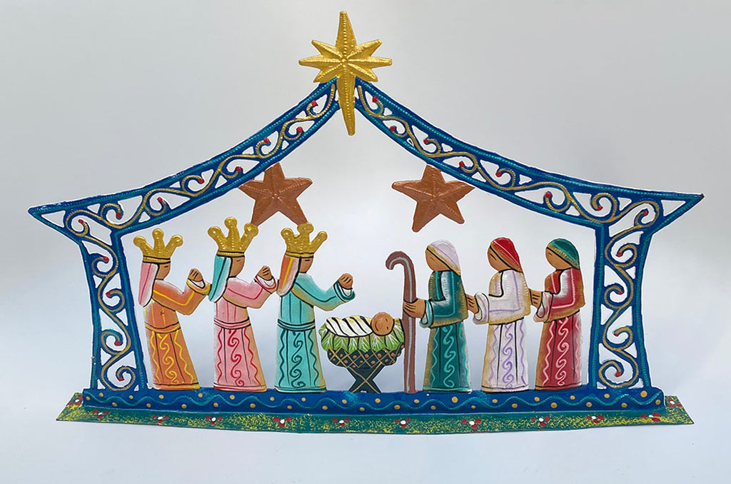Nativity - Metal - .Elegant Painted Wide Standing Nativity