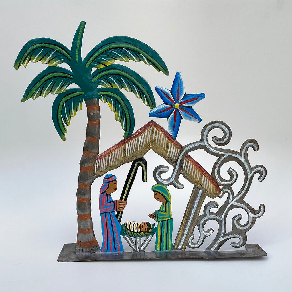 Nativity - Metal - House-shape Free-Standing with Palm Tree - Painted