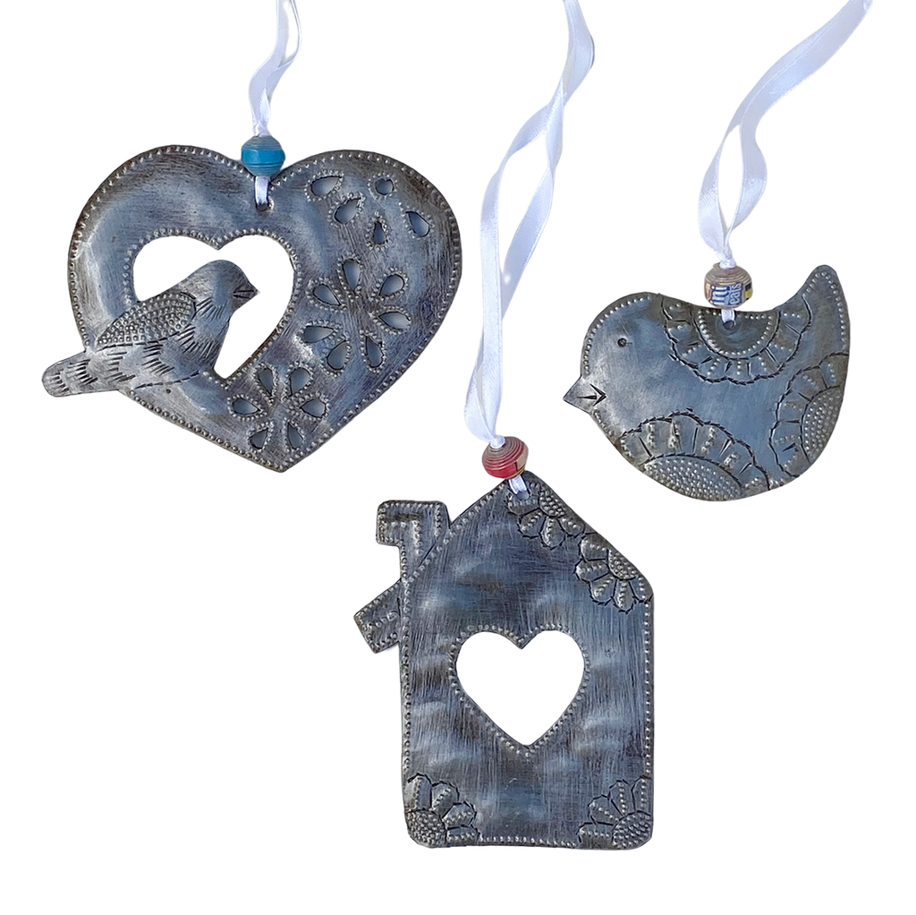Ornament - Metal - Bird, Birdhouse, Heart Set