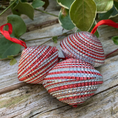 Ornament - Corrugated Paper - Shiny - Saucer Shaped - RED & SILVER (Single or Set of 3)