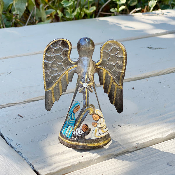 .Ornament - Metal - Standing Angel with Painted Nativity