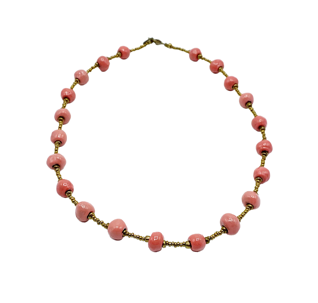 Necklace - Ceramic SHORT - Pink Clay beads with Antique Gold- Pretty In Pink Collection