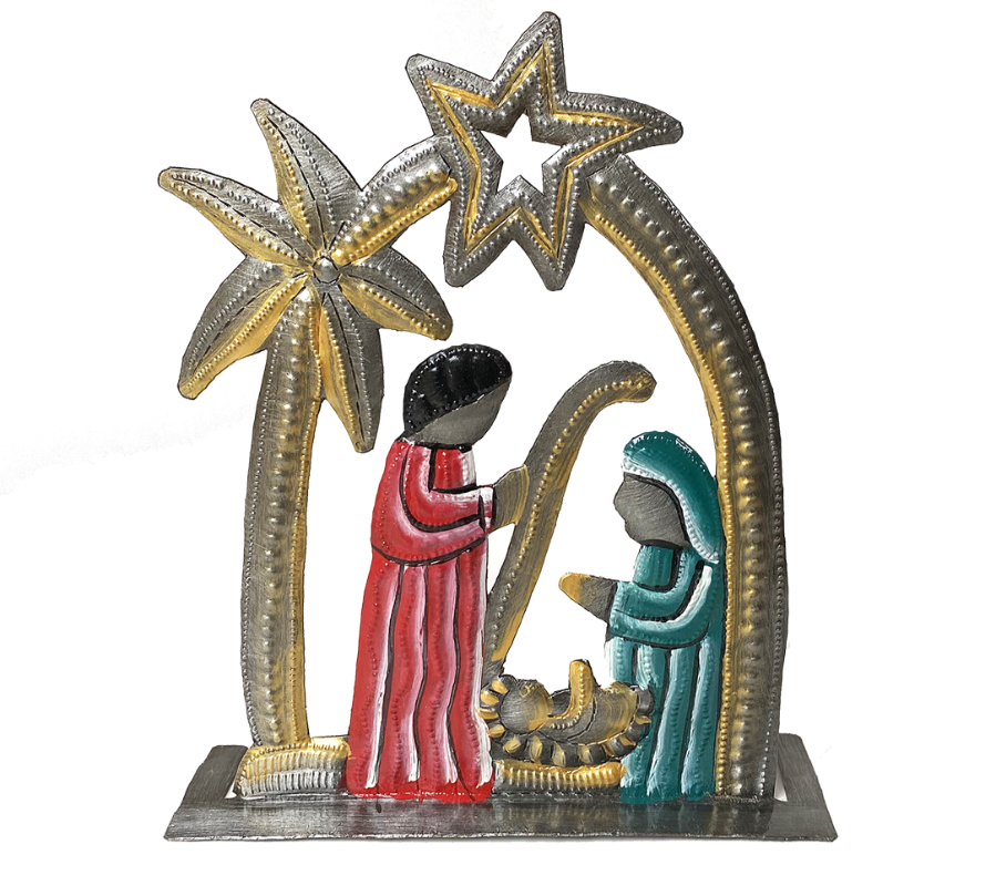 Nativity - Metal - 8" Painted Free-Standing with Palm Tree - Painted