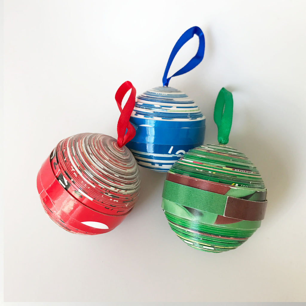 Ornament Set - Paper - Cereal Box Round- Set of 3 - Red-Blue-Green