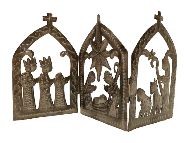 Nativity - Metal - Tri-Fold with Crosses - Adjustable