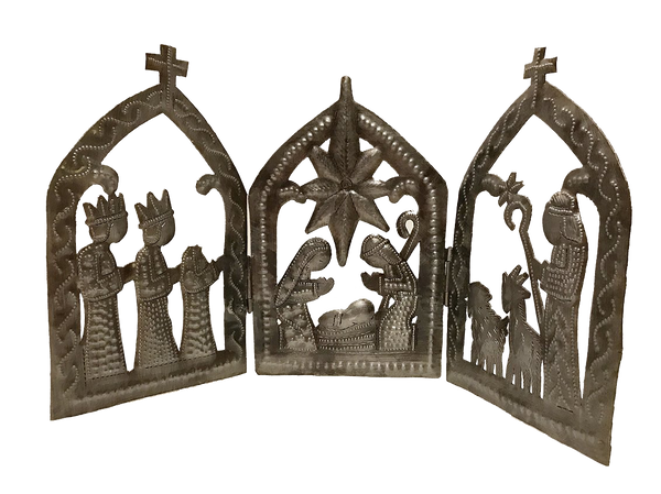 Nativity - Metal - Tri-Fold with Crosses - Adjustable