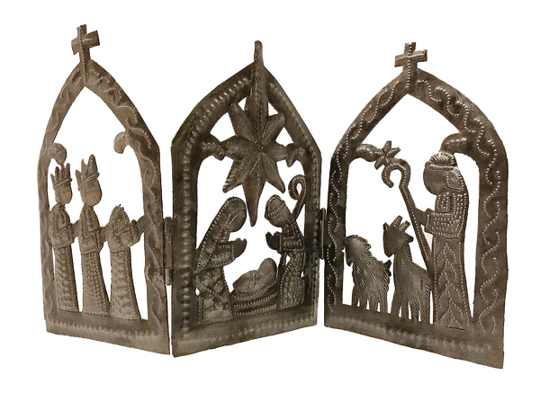 Nativity - Metal - Tri-Fold with Crosses - Adjustable