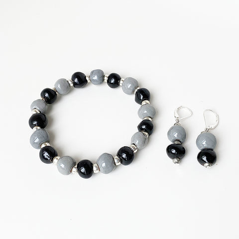 Bracelet-Earring SET - Ceramic - Alternating Black & Gray Beads