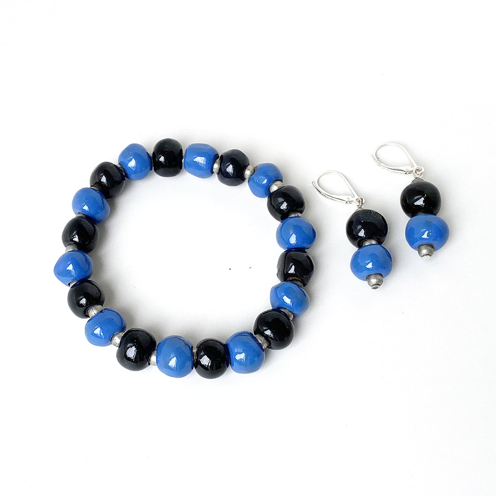 Bracelet-Earring SET - Ceramic - Alternating Black & Blue Beads