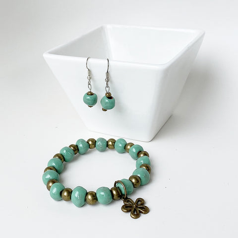 Bracelet-Earring SET - Ceramic - Mint Green with Charm