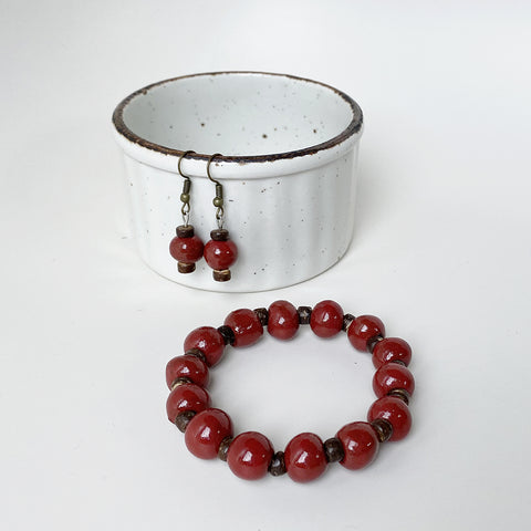 Bracelet-Earring SET - Ceramic - Rustic Brick Red