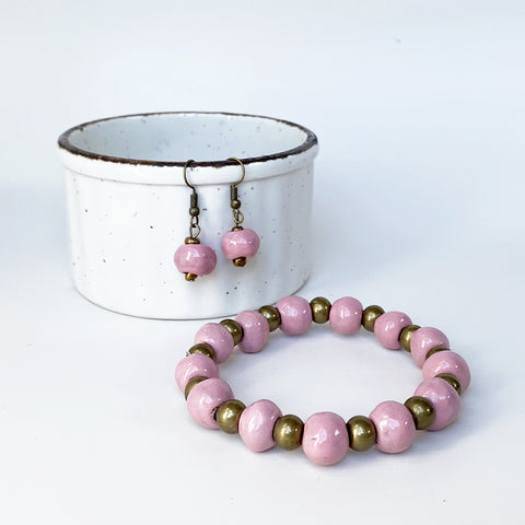 Bracelet-Earring SET - Ceramic - Pink
