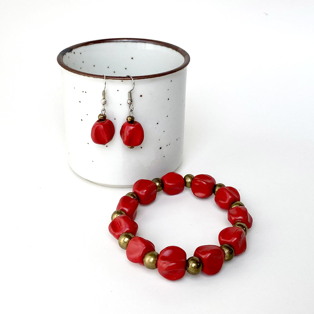 Bracelet-Earring SET - Ceramic - Crimson Red with Unique Beads