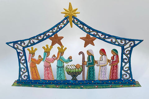 Nativity -  Metal - .Elegant Painted Wide Standing Nativity