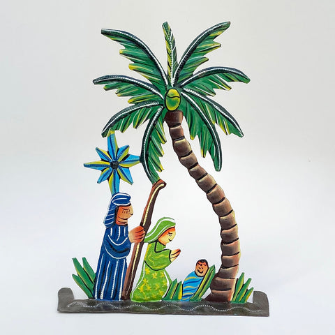 Nativity -  Metal - Free-Standing with Single Palm Tree - Painted