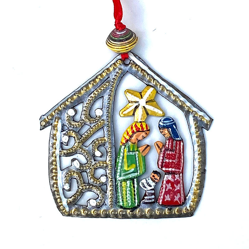 .Ornament - Metal - Painted House-Shaped Nativity