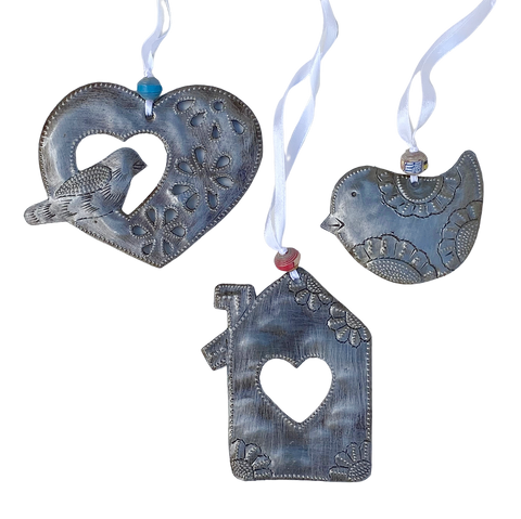 Ornament - Metal - Bird, Birdhouse, Heart Set