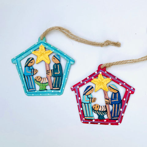 .Ornament - Metal - Nativity Houses -Set of 2 - Painted