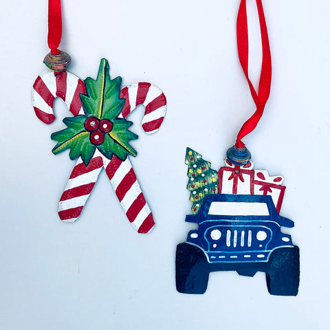 .Ornament - Metal - Candy Cane w JEEP (Set) - Painted