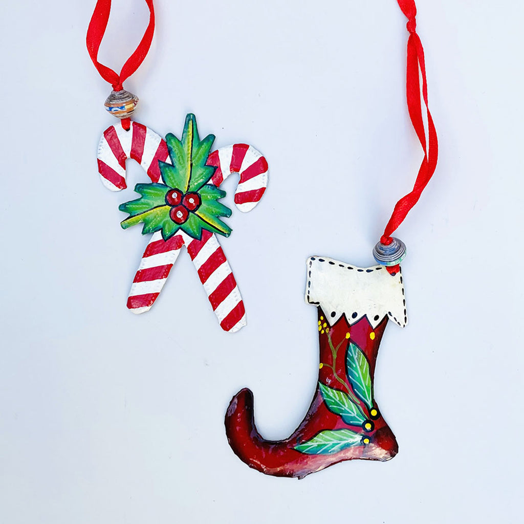 .Ornament - Metal - Candy Cane w Stocking (Set) - Painted