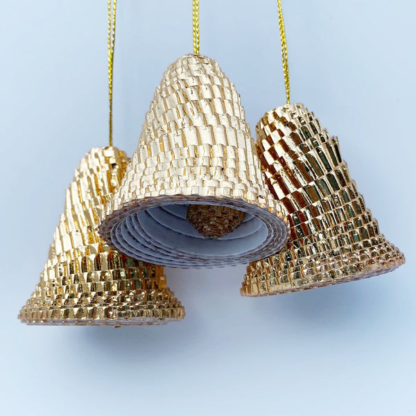 Ornament - Corrugated Paper - Shiny - Bell - GOLD (Single or Set of 3)