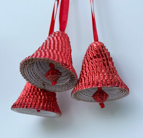 Ornament - Corrugated Paper - Shiny - Bell - RED (Single or Set of 3)