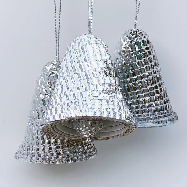 Ornament - Corrugated Paper - Shiny - Bell - SILVER (Single or Set of 3)