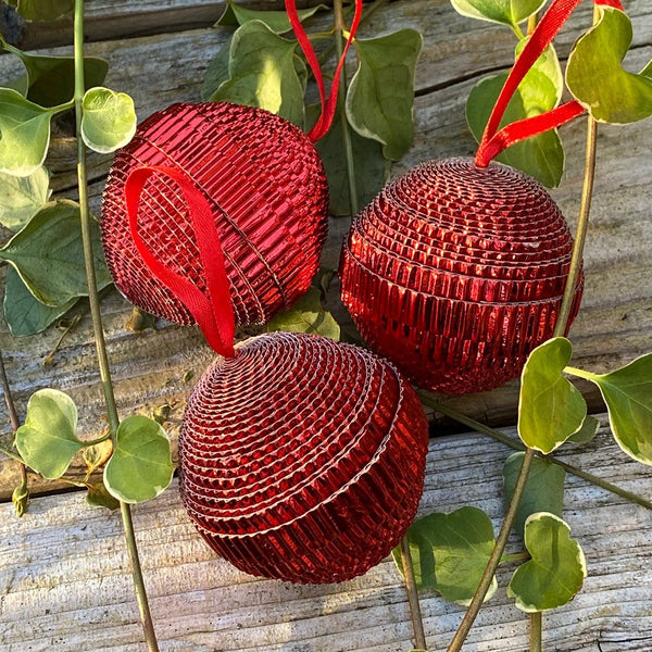 Ornament - Corrugated Paper - Shiny - Ball - RED (Single or Set of 3)