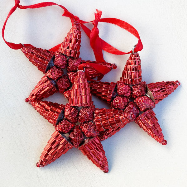 Ornament - Corrugated Paper - Shiny - Star- RED (Single or Set of 3)