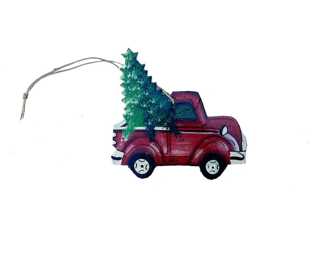 .Ornament - Metal - Painted Truck with Christmas Tree