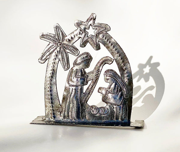 Nativity -  Metal - Small Standing - Rounded with Palm Tree