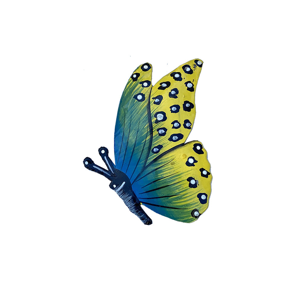 Ornament - Metal - Butterfly Painted Blue & Yellow Design - Side View