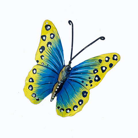 Ornament - Metal - Butterfly Painted Blue & Yellow Design - Top View
