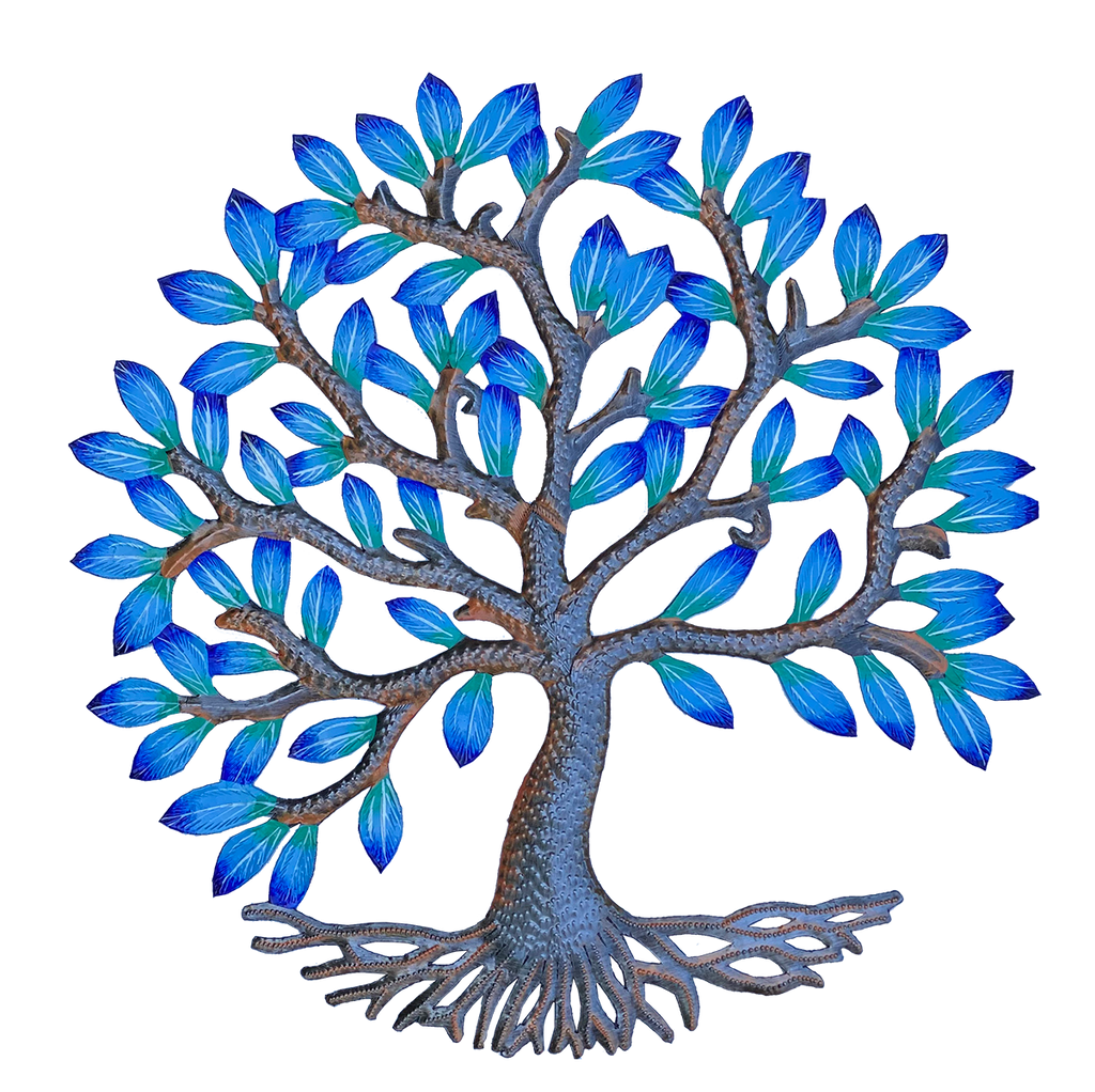 .Wall Art - Metal - Painted Tree with Leaves in Shades of Blue
