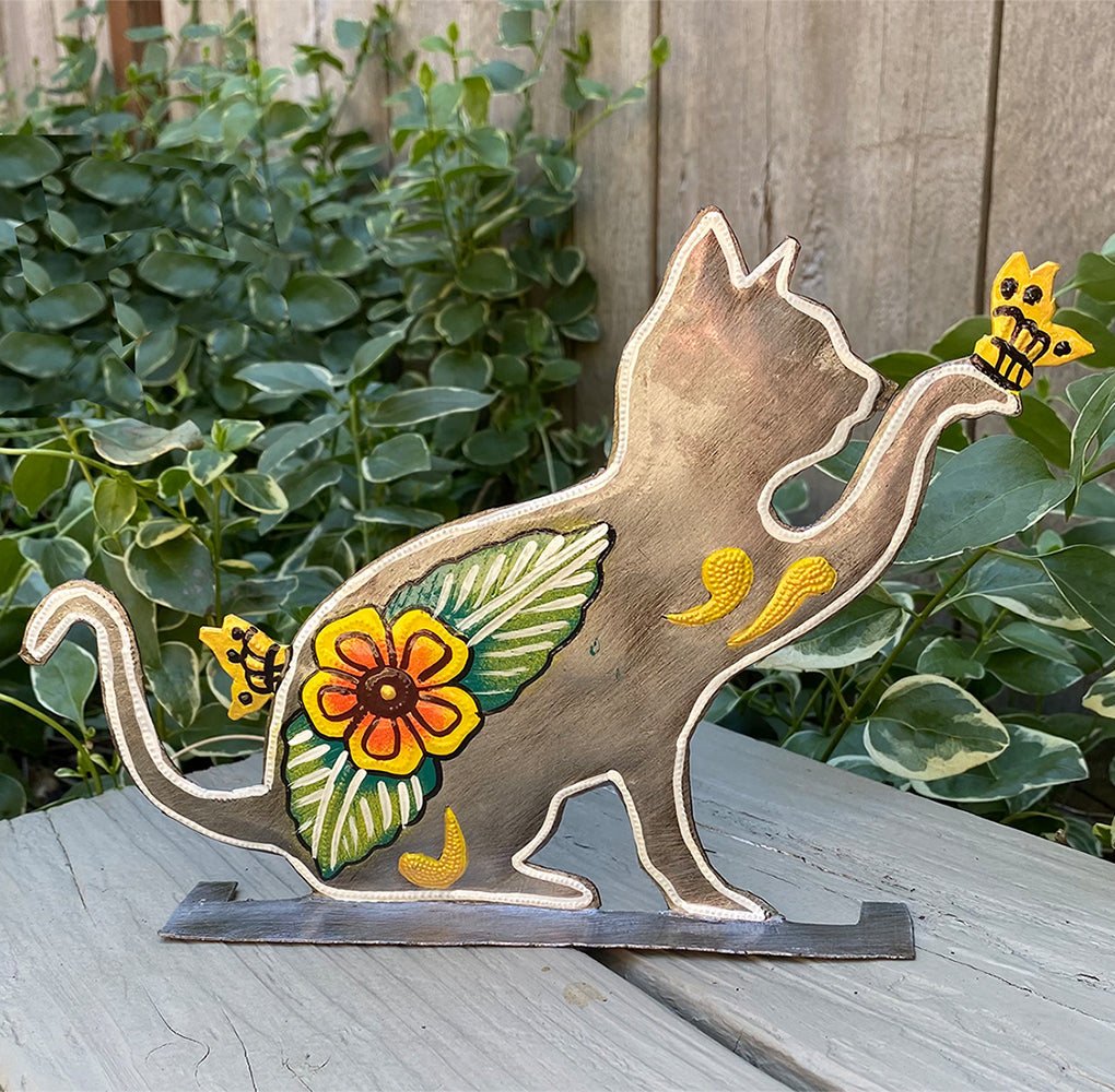 Metal Art - Free-Standing Cat with Butterflies & Painted Flower
