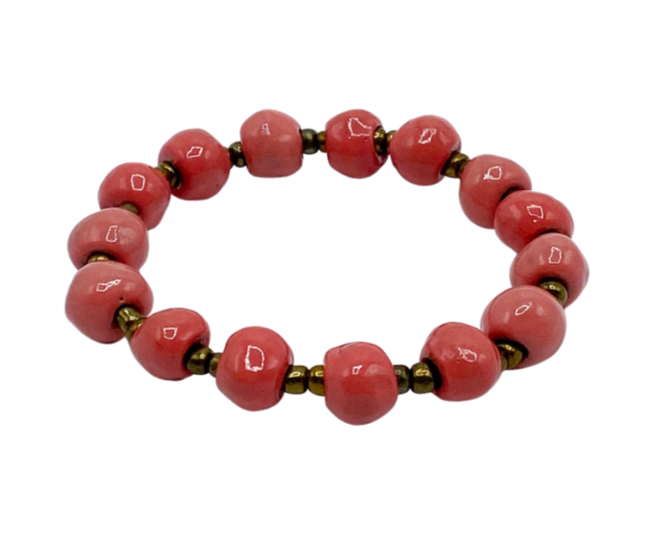 Bracelet  - Ceramic -Pink Clay beads with Antique Gold- Pretty In Pink Collection
