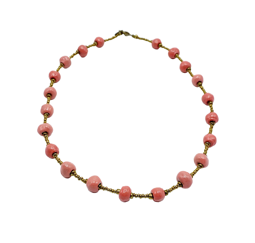 Necklace  - Ceramic SHORT - Pink Clay beads with Antique Gold- Pretty In Pink Collection