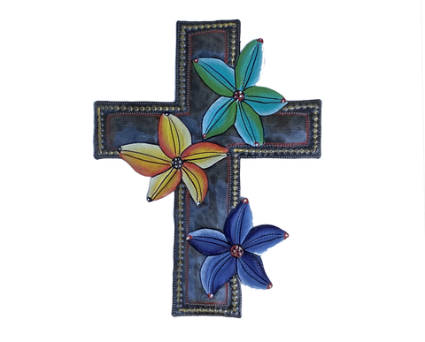 Wall Art - Metal - Cross with 3 Painted Flowers