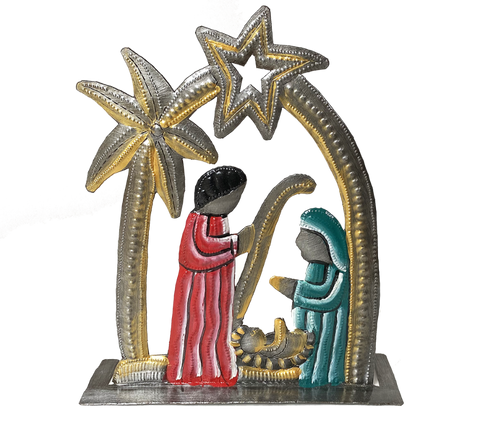 Nativity -  Metal - 8" Painted Free-Standing with Palm Tree -  Painted