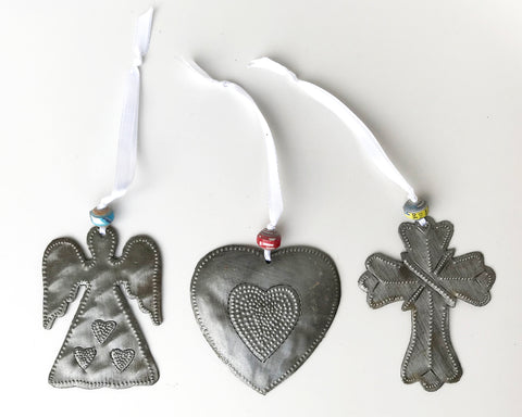 Ornament Set - Metal - HeartAngel-Heart-Cross - Set #2
