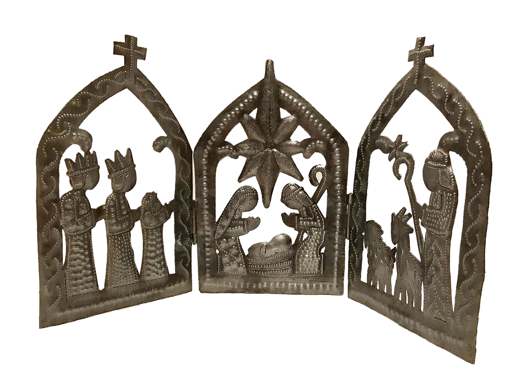 Nativity - Metal - Tri-Fold with Crosses - Adjustable