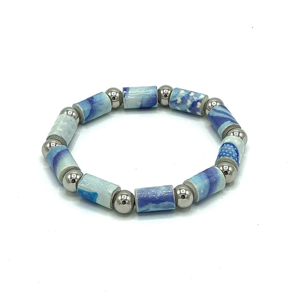 Bracelet - .Paper - Barrel Bead with Silver-tone accents  -  Green selections