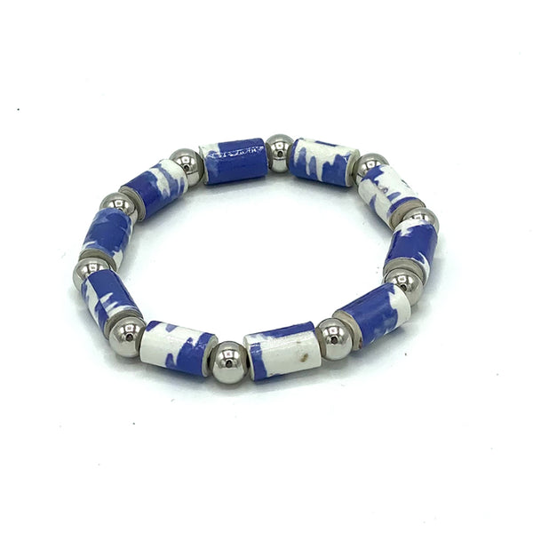 Bracelet - .Paper - Barrel Bead with Silver-tone accents  -  Blue selections