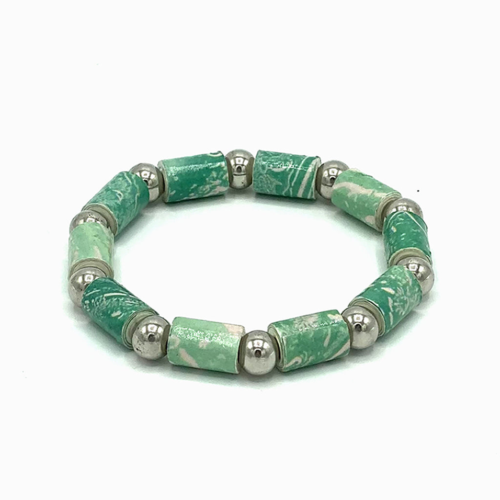Bracelet - .Paper - Barrel Bead with Silver-tone accents  -  Green selections