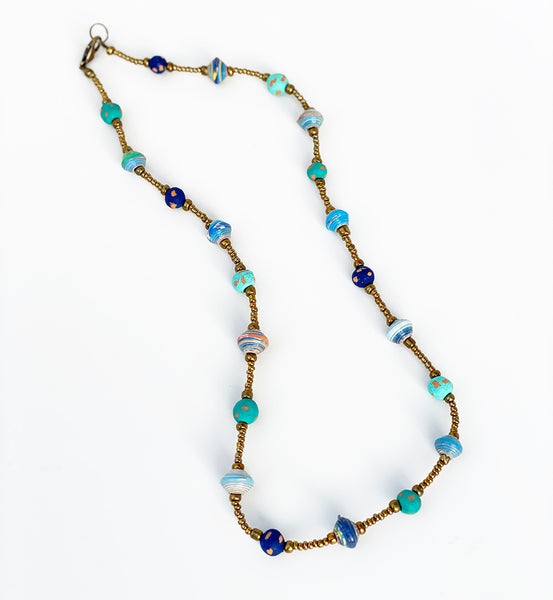 Necklace - Signature Clay - Mini Beads - Short - TEAL with Blue